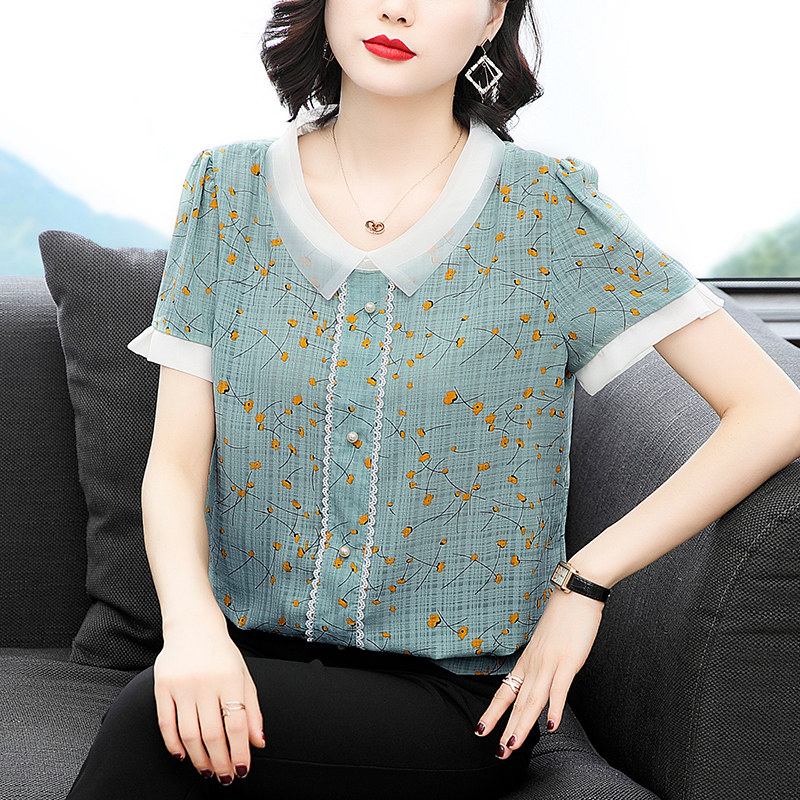 短袖大码夏胖mm碎花洋气网纱雪纺衫 茁美服饰蕾丝衫/雪纺衫