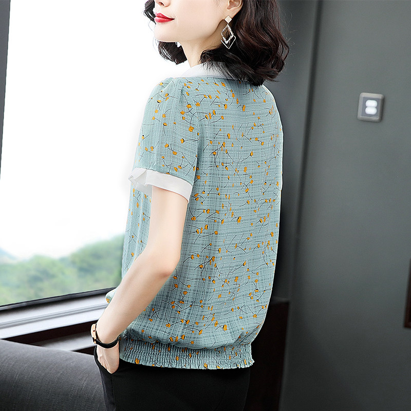 短袖大码夏胖mm碎花洋气网纱雪纺衫 茁美服饰蕾丝衫/雪纺衫