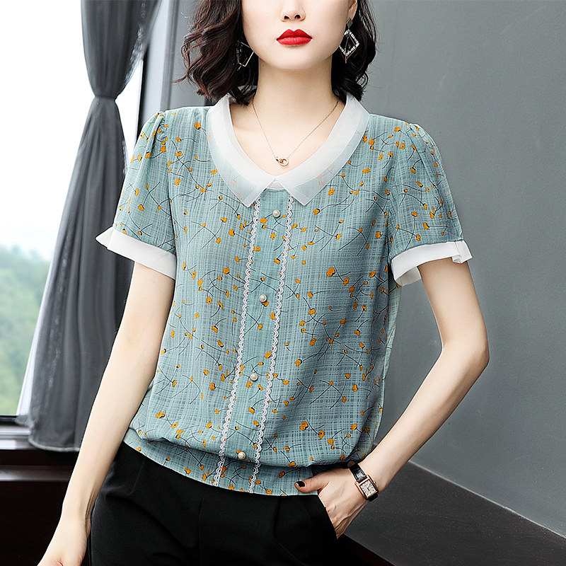 短袖大码夏胖mm碎花洋气网纱雪纺衫 茁美服饰蕾丝衫/雪纺衫
