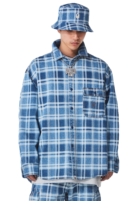 BAPE牛仔衬衫男长袖格子宽松街头潮流日本代购CHECK DENIM SHIRT