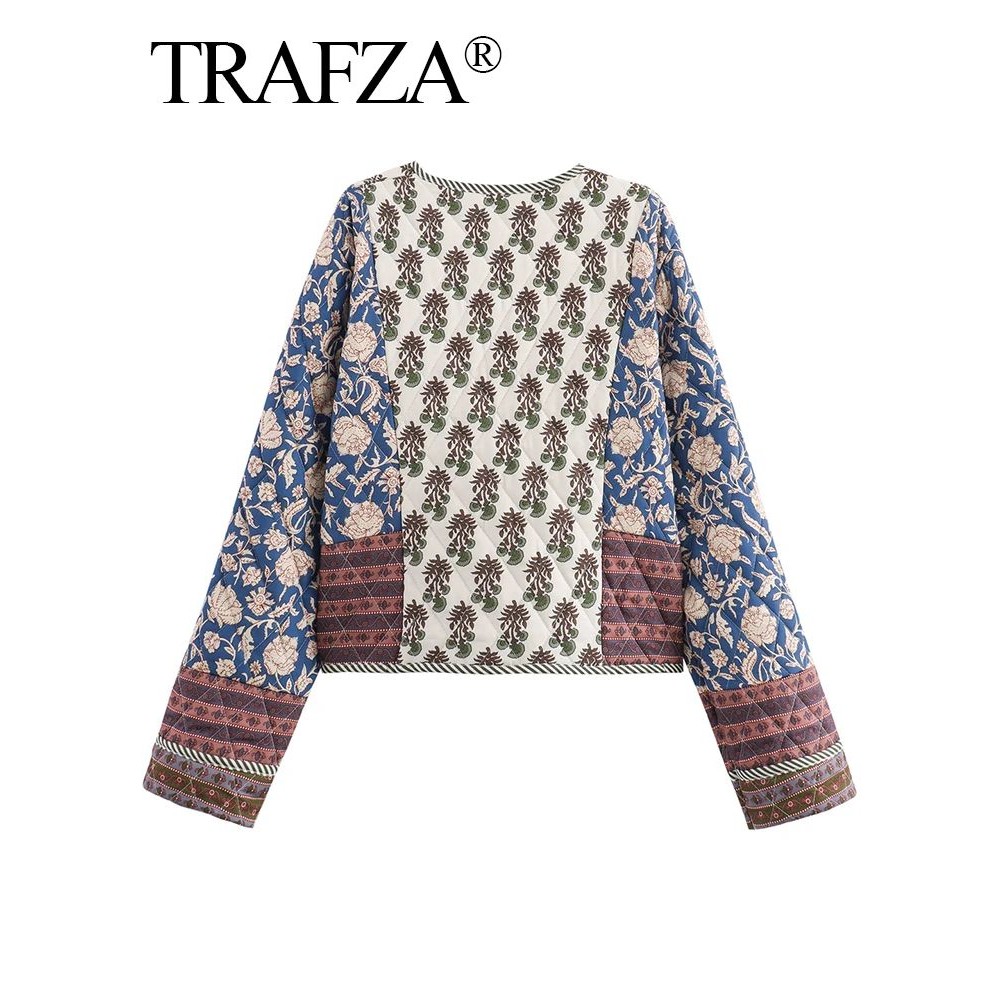 TRAFZA Vintage Women's Print Patchwork Cotton Jacket 2024 Qu - 图0