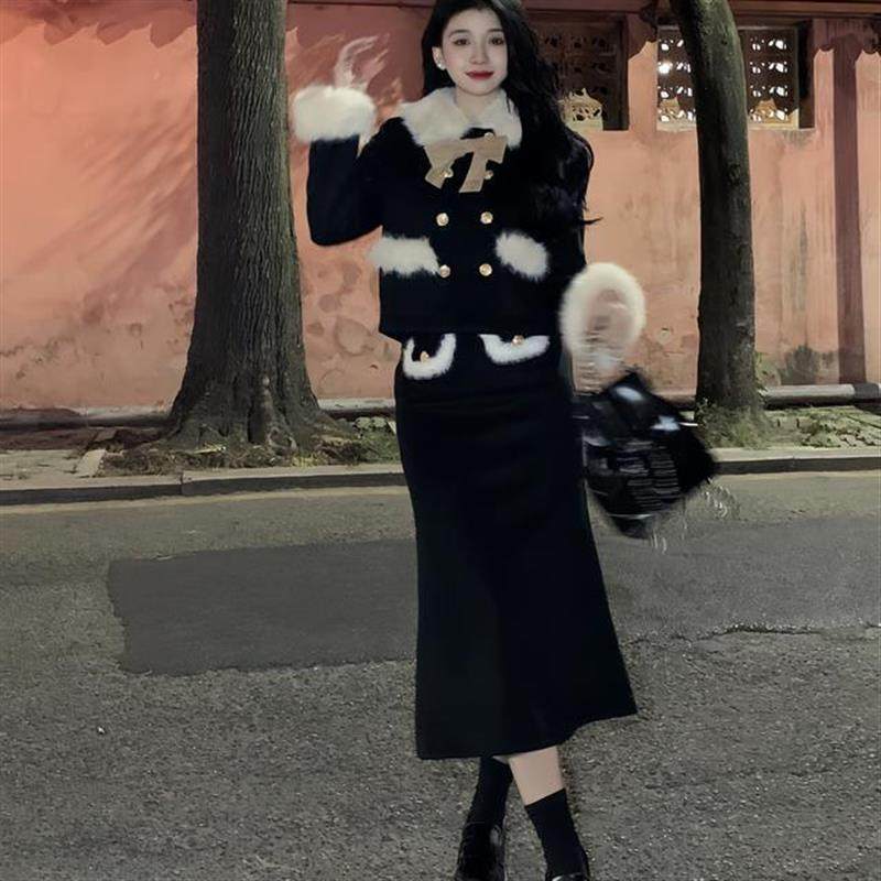 小香风毛毛领夹棉加厚毛呢外套女秋冬套装包臀半身裙长裙子两件套,淘宝优惠券,粉丝福利购,淘宝优惠卷