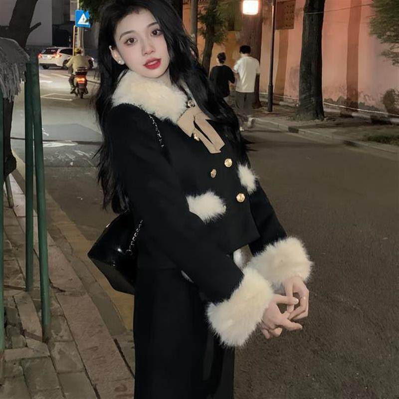 小香风毛毛领夹棉加厚毛呢外套女秋冬套装包臀半身裙长裙子两件套,淘宝优惠券,粉丝福利购,淘宝优惠卷