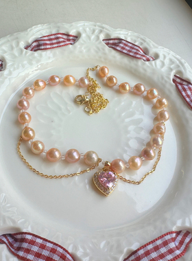 天然淡水金珍珠颈链爱心吊坠女款锁骨链