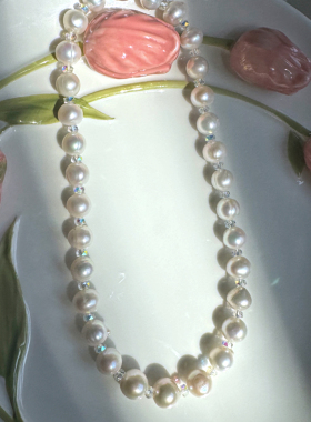 天然淡水珍珠间捷克水晶颈链9-10m天然白珠