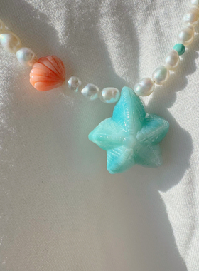 原创海风系列海纹石海星+粉美人鱼珍珠项链