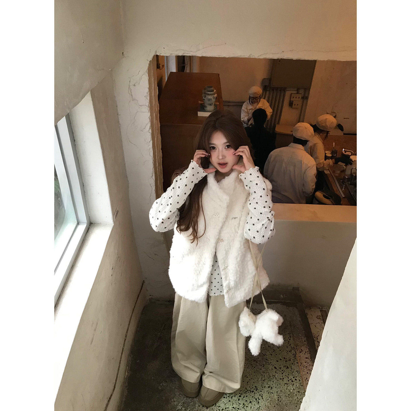 你的鱼 焦糖落日 韩系微胖mm毛绒马甲叠穿波点上衣直筒长裤套装,淘宝优惠券,粉丝福利购,淘宝优惠卷