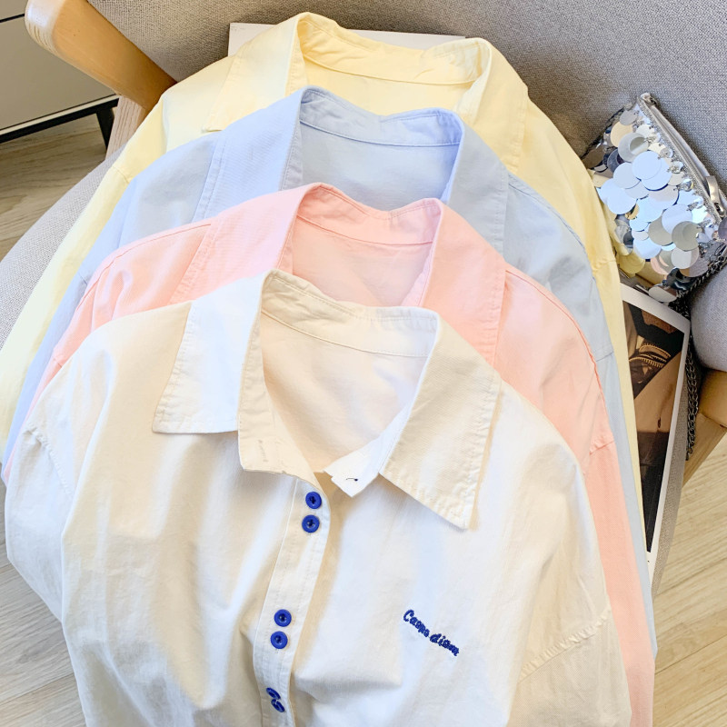 奶黄糖果色撞色双扣刺绣衬衫女春夏韩版洋气减龄宽松百搭外套上衣,淘宝优惠券,粉丝福利购,淘宝优惠卷