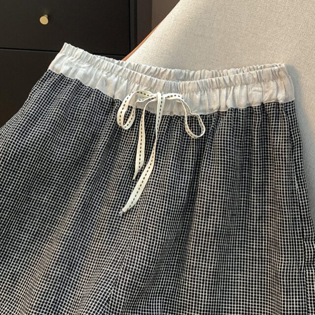 ໂສ້ງຂາກວ້າງຂອງກາງເກງ plaid stitching linen ຍີ່ປຸ່ນ ສໍາລັບ summer summer ແມ່ຍິງບາງສາຍຮັດແອວສູງ ຝ້າຍແລະ linen ສັ້ນກະທັດຮັດ