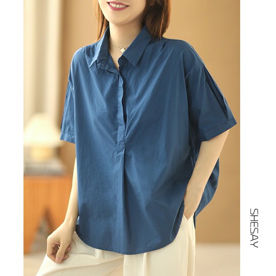 Foreign trade French single women's clothing clearance brand Japanese cotton shirt solid color casual versatile trendy short-sleeved top summer