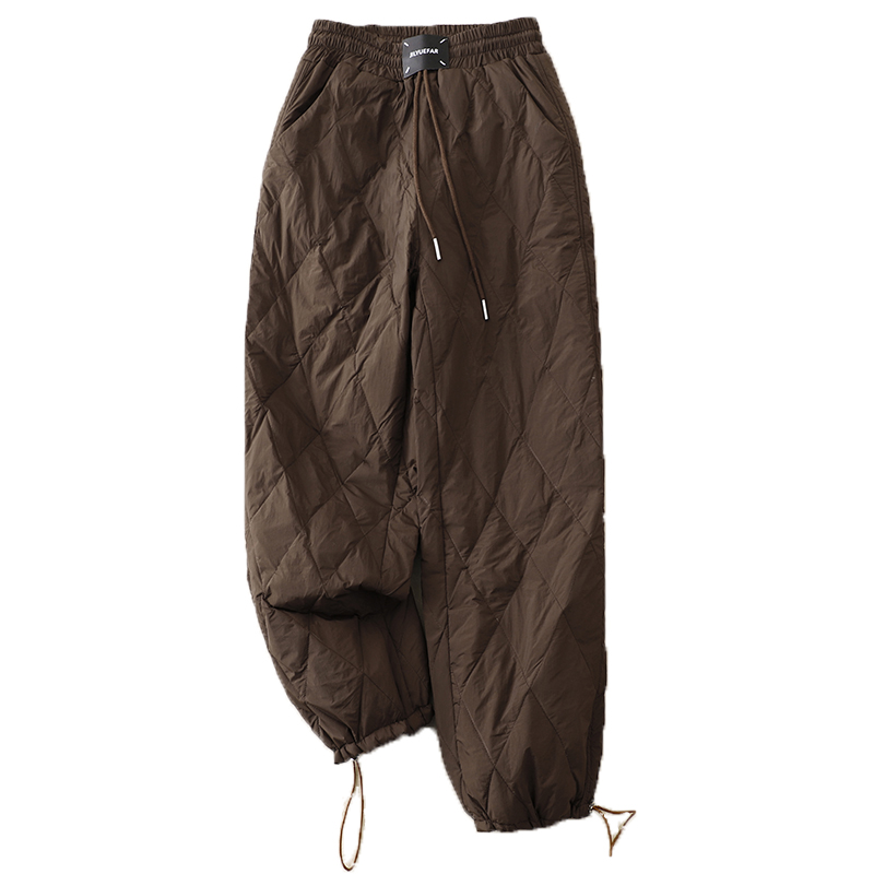 轻薄羽绒棉裤女冬装宽松高腰抽绳显瘦直筒休闲菱格夹棉束脚灯笼裤 - 图3