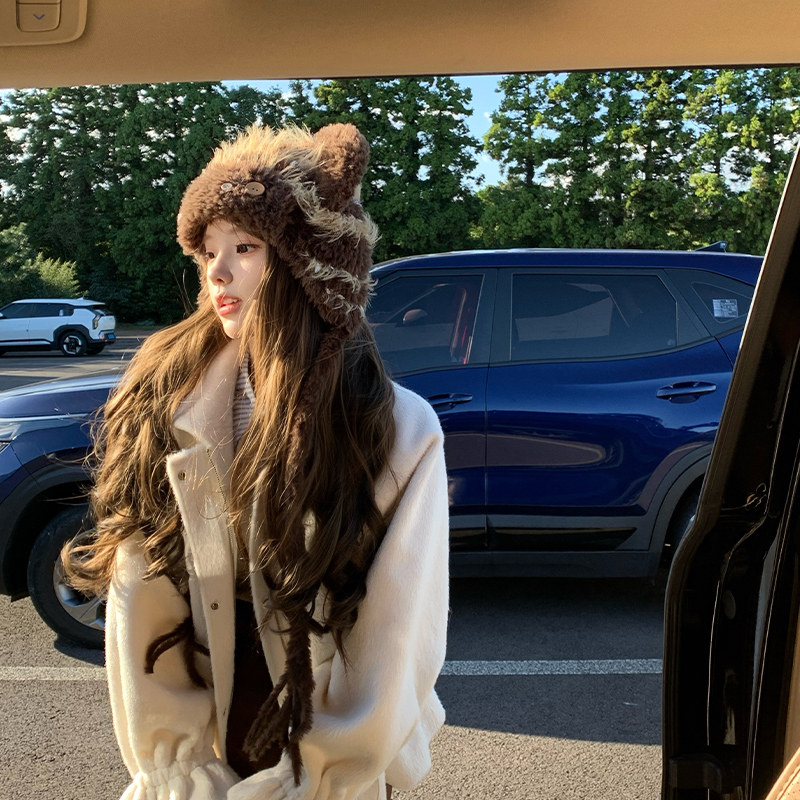 可爱小熊毛绒帽女冬季百搭显脸小条纹针织帽保暖护耳毛线包头帽子,淘宝优惠券,粉丝福利购,淘宝优惠卷