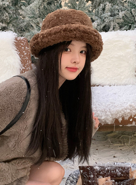 艾佳微羊羔毛渔夫帽女显脸小