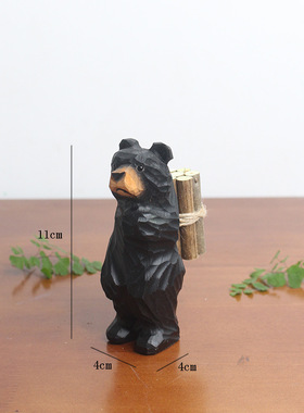 木质雕刻手工小熊背柴摆件木质手