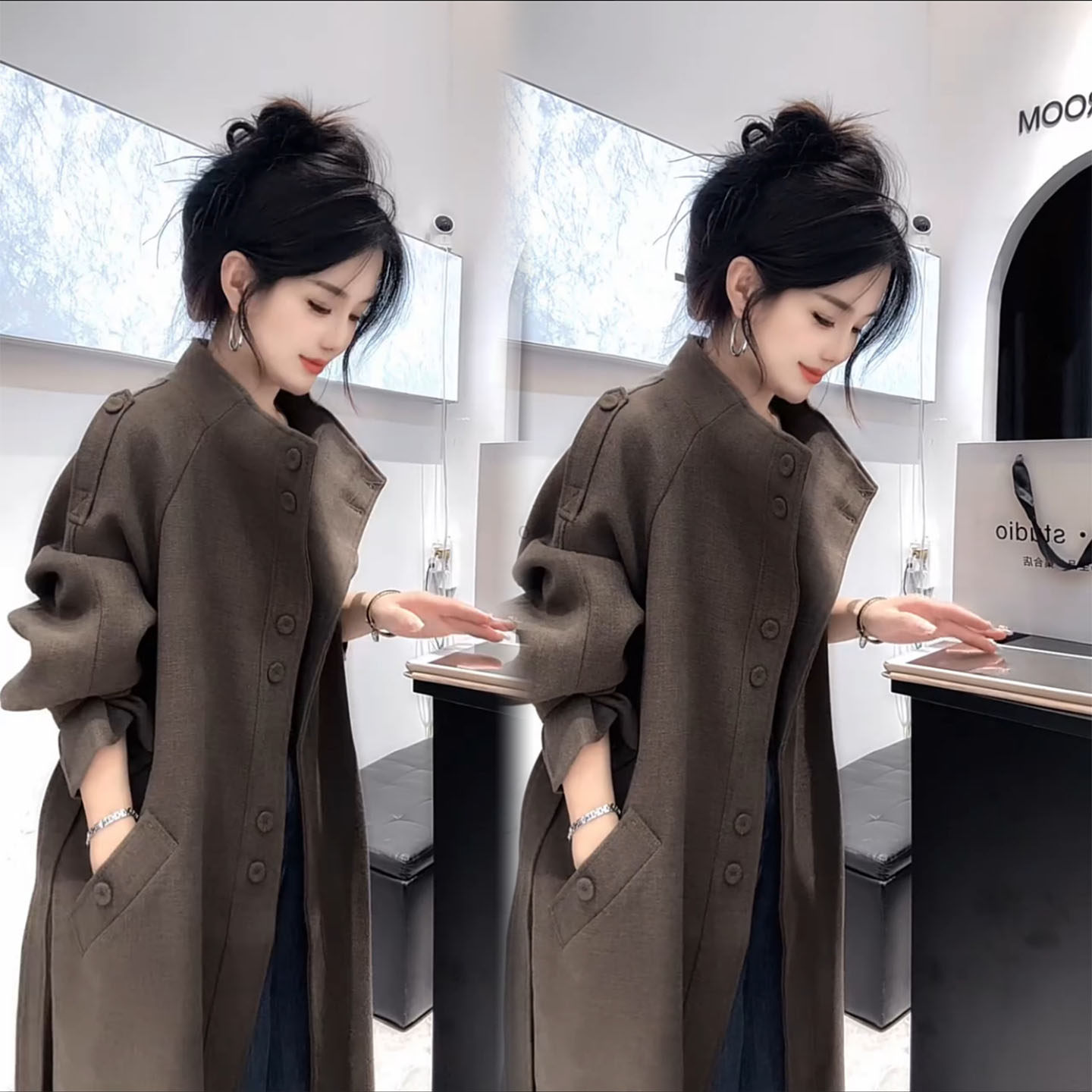 2025年秋冬新款时尚复古宽松显瘦风衣外套女款中长款大衣外套上衣,淘宝优惠券,粉丝福利购,淘宝优惠卷