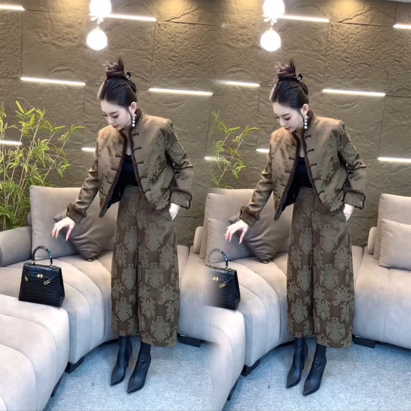 松弛感新中式风复古盘扣套装女冬季轻奢提花外套高腰阔腿裤两件套,淘宝优惠券,粉丝福利购,淘宝优惠卷