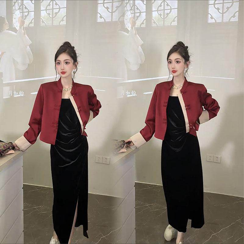 新中式国风套装2024秋季新款高级感小个子盘扣外套+吊带裙两件套,淘宝优惠券,粉丝福利购,淘宝优惠卷