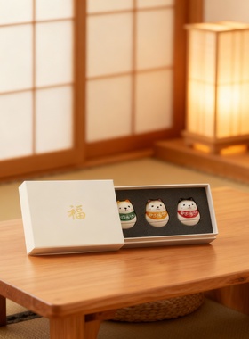 国潮陶瓷招财猫手绘礼盒摆件