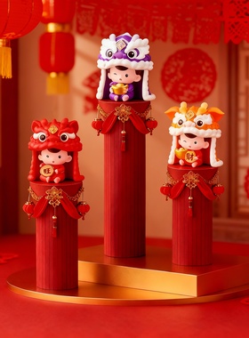 新中式舞狮树脂摆件红色好运礼盒