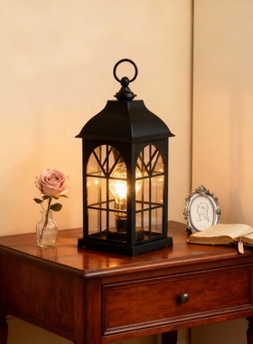 复古铁艺灯笼小夜灯卧室摆件