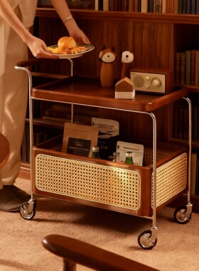 复古实木藤编带轮客厅收纳茶几