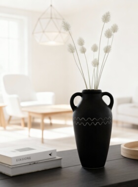 侘寂风手工黑陶瓷双耳花瓶摆件