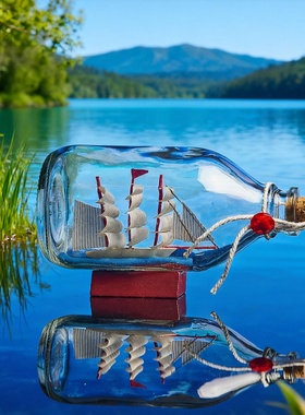 复古玻璃瓶中船手工桌面摆件