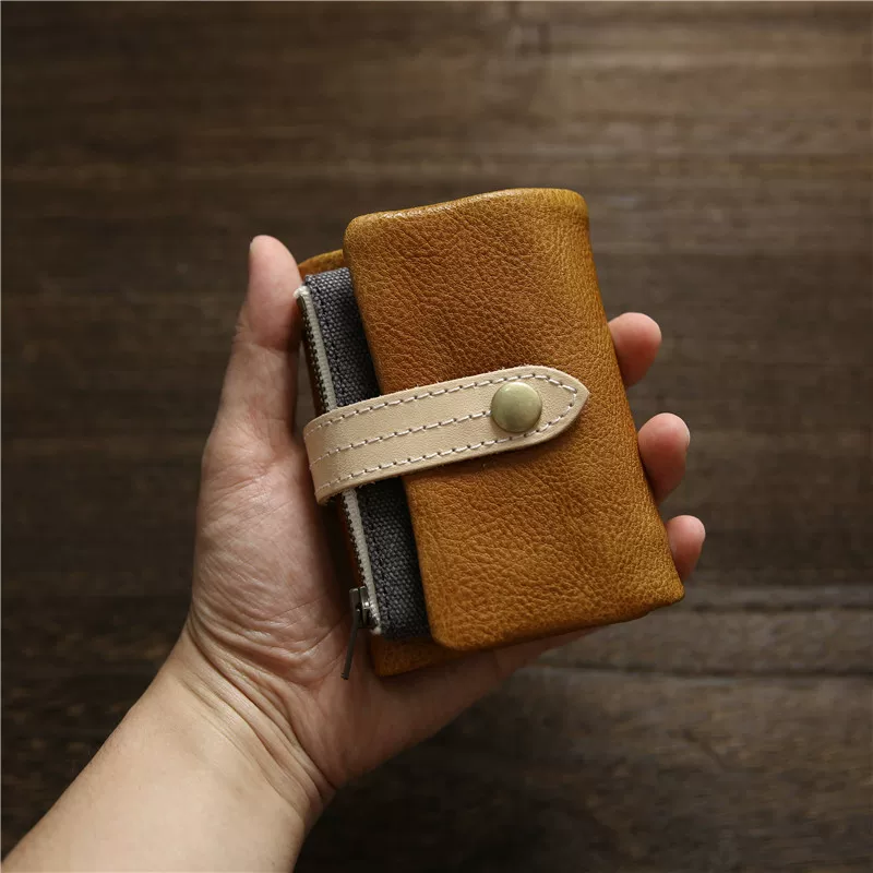 Short leather wallet for students, genuine leather, cowhide