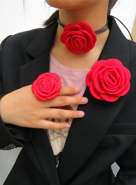 高级感魅力红玫瑰胸针戒指