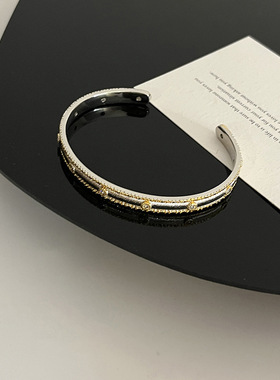 真金电镀锆石双拼色开口手镯时尚