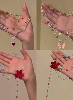 镶钻珍珠串珠蝴蝶吊坠项链时尚轻