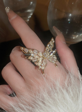 真金电镀锆石珍珠蝴蝶开口戒指韩