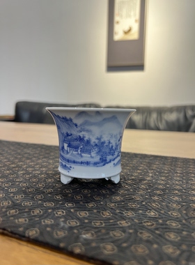 见欢集 景德镇陶瓷青花文人画耕读传家迷你菖蒲盆 小花盆 礼品