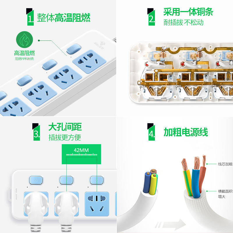 公牛插座面板多孔多功能分控插排插头转换器带开关电源单控插线板