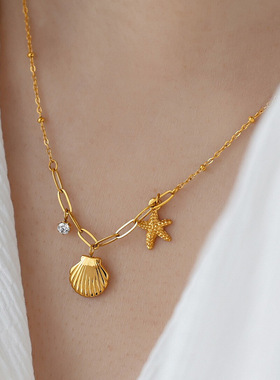 金色贝壳海星水钻不掉色女款项链
