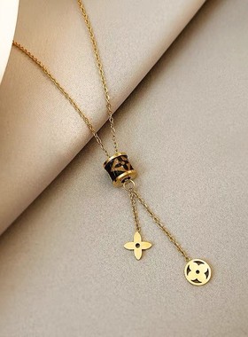 女印花皮革四叶草项链钛钢锁骨链