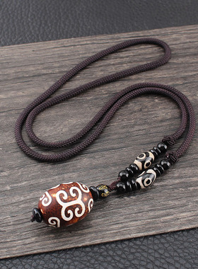 玛瑙九眼天珠棉麻挂绳长款毛衣链