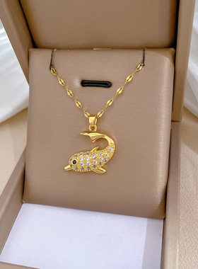 满钻海豚钛钢金色锁骨链女毛衣链