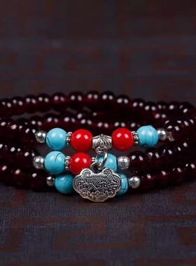 仿石榴石手链多圈镀金貔貅手串女