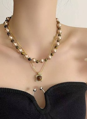 美拉德珍珠虎眼石叠戴项链女配饰