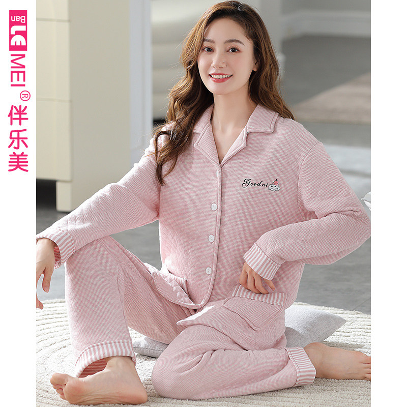 秋冬季女士中老年妈妈纯棉大码睡衣三层保暖夹层薄夹棉加厚家居服