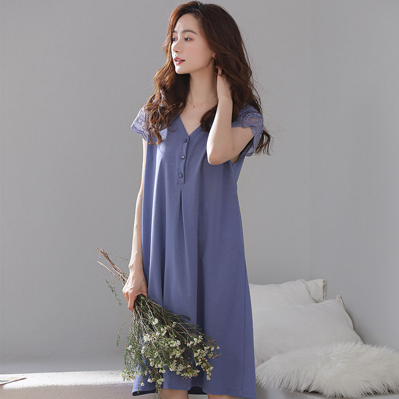 女士莫代尔棉中长款短袖睡裙连衣裙 名凤服饰睡裙
