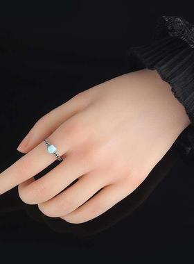 【网红推荐】绿松石女式S925银嵌泰银开口方形戒指复古做旧戒面波