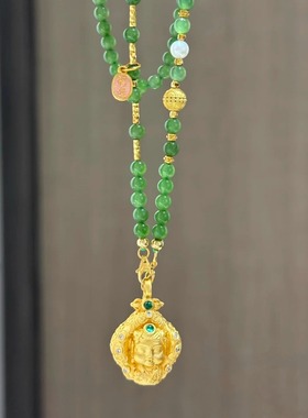 天然碧玉项链女黄金吊坠可拆卸百搭万能链小米珠串珠长款毛衣链