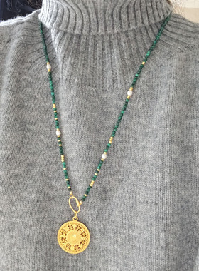天然孔雀石项链女黄金吊坠唐卡可拆卸万能链长款毛衣链多用挂绳
