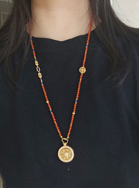 天然南红项链女黄金吊坠可拆卸万能链青金石串珠新中式长款毛衣链