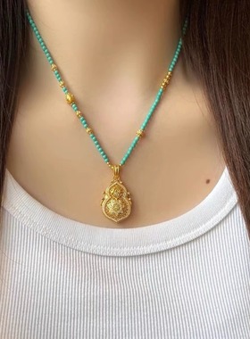 绿松石项链女葫芦吊坠万能扣可拆卸锁骨链新中式毛衣链生日礼物