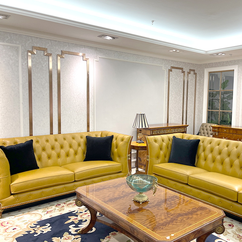 高背实木意大利进口牛皮客厅三人沙发复兴映像四人沙发黄铜配饰-图2