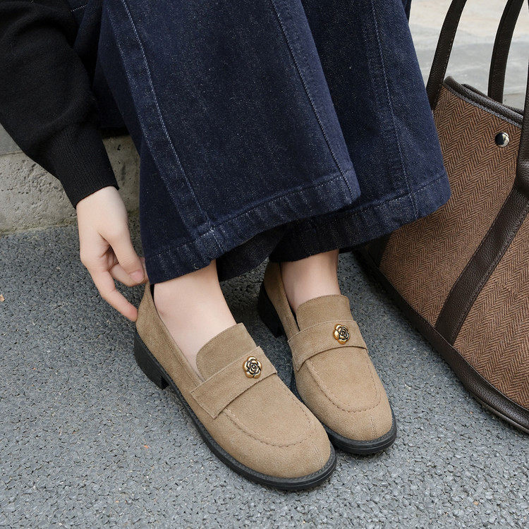 3.5cm真皮绒面复古山茶花乐福鞋2026新款英伦小皮鞋深口粗跟单鞋,淘宝优惠券,粉丝福利购,淘宝优惠卷