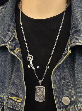 S925纯银复古老鹰太角项链男女个性唐草纹轮盘百搭毛衣链套链礼物